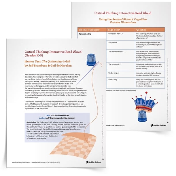 This Critical Thinking Interactive Read Aloud of The Quiltmaker's Gift by Jeff Brumbeau & Gail de Marcken provides the thought-provoking questions, essential to every interactive read aloud, and uses the Revised Bloom’s Taxonomy Cognitive Dimensions. Your students will soon be in deep discussions, ranging from plot analysis to author’s message exploration.  