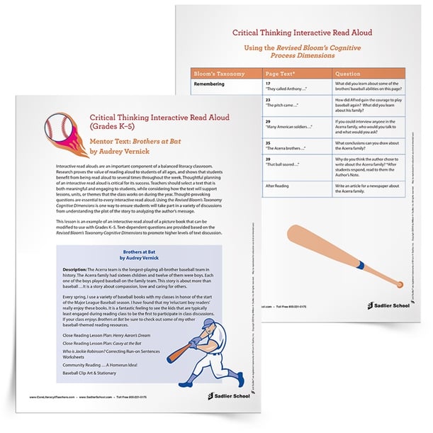 This Critical Thinking Interactive Read Aloud of Brothers at Bat by Audrey Vernick provides the thought-provoking questions, essential to every interactive read aloud, and uses the Revised Bloom’s Taxonomy Cognitive Dimensions. Your students will soon be in deep discussions, ranging from plot analysis to author’s message exploration.  