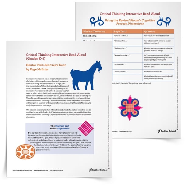 This Critical Thinking Interactive Read Aloud of Beatrice's Goat by Page McBrier provides the thought-provoking questions, essential to every interactive read aloud, and uses the Revised Bloom’s Taxonomy Cognitive Dimensions. Your students will soon be in deep discussions, ranging from plot analysis to author’s message exploration.  
