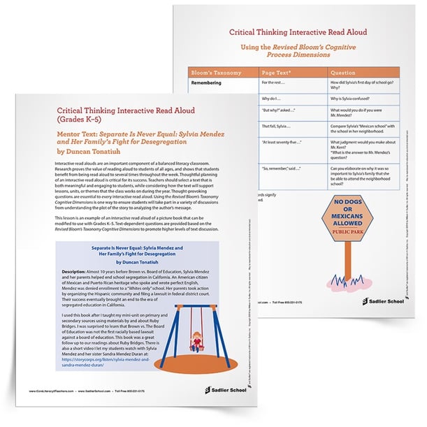 This Critical Thinking Interactive Read Aloud of Separate Is Never Equal: Sylvia Mendez and Her Family's Fight for Desegregation by Duncan Tonatiuh provides the thought-provoking questions, essential to every interactive read aloud, and uses the Revised Bloom’s Taxonomy Cognitive Dimensions. Your students will soon be in deep discussions, ranging from plot analysis to author’s message exploration. 