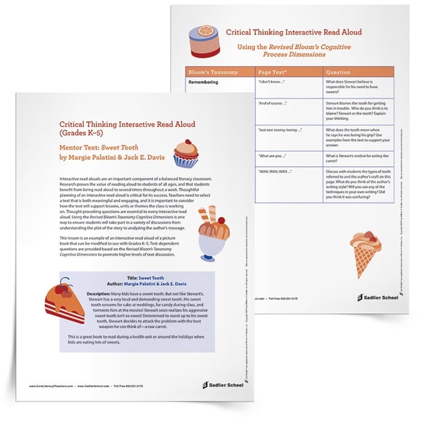 This Critical Thinking Interactive Read Aloud of Sweet Tooth by Margie Palatini & Jack E. Davis provides the thought-provoking questions, essential to every interactive read aloud, and uses the Revised Bloom’s Taxonomy Cognitive Dimensions. Your students will soon be in deep discussions, ranging from plot analysis to author’s message exploration.  