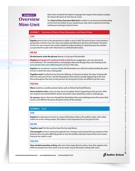 Download a Point of View Overview Mini-Unit that will assist you in exploring each type of point of view in your classroom! This mini-unit is written as six lessons, but depending on the level and ability of your students you may want to spend several days working on each type of point of view.