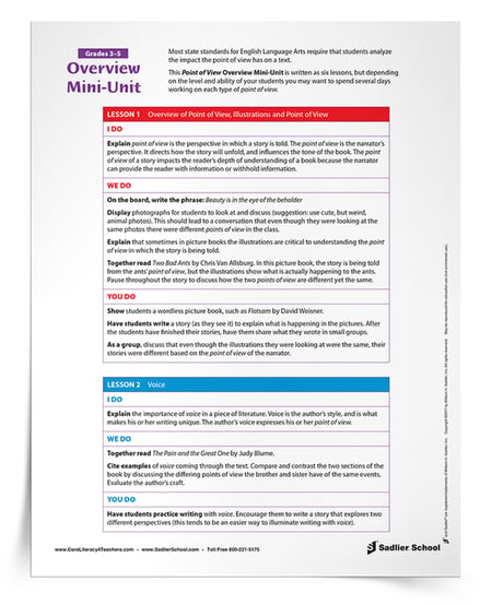 Download a Point of View Overview Mini-Unit that will assist you in exploring each type of point of view in your classroom! This mini-unit is written as six lessons, but depending on the level and ability of your students you may want to spend several days working on each type of point of view.