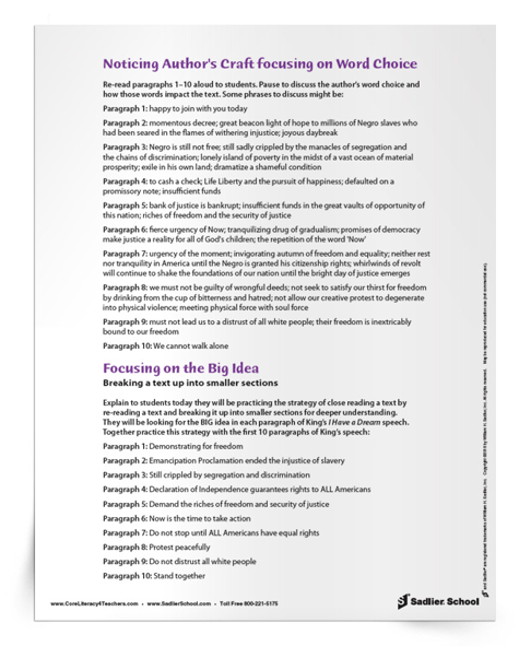 In addition to the annotation resources, the I Have a Dream" Close Reading Kit includes an extension activity to analyze the author's craft (Dr. Martin Luther King, Jr.'s word choice) and a guide to improving comprehension by focusing on the big idea of each stanza.