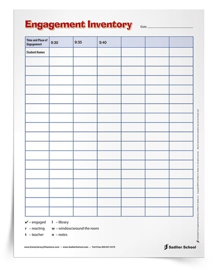 An engagement inventory is an observational tool used to record if your students are “engaged” in reading or writing about a text during independent reading time. Use the Reading Engagement Inventory Observation Worksheet to assess students' independent reading behaviors.