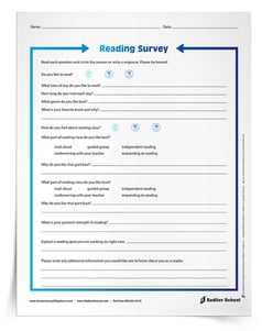 Utilisez une feuille de travail Sondage sur la lecture pour les élèves pour leur poser des questions sur leurs goûts et leurs dégoûts en matière de lecture, leurs objectifs et leurs attitudes à l'égard de la classe de lecture.