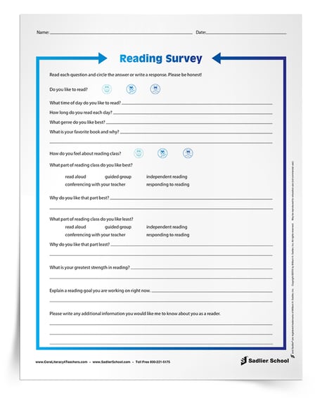 Use a Reading Survey for Students worksheet to ask students questions about their reading likes and dislikes, their goals, and their attitudes about reading class. 