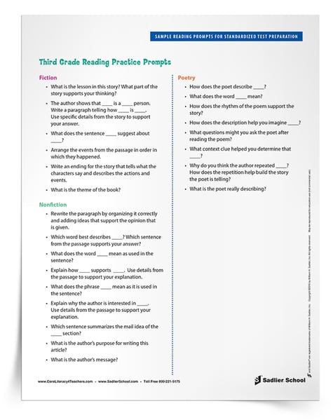 Available for download are reading practice prompts for fiction, nonfiction, and poetry texts. Download Sample Reading Prompts for Standardized Test Preparation for grades 3–5 now.