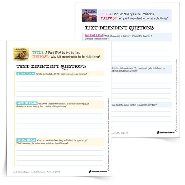 When close reading two or more complex texts, text-dependent questions help students gain a deeper understanding of the text and focus their attention on the similar purpose, point of view, or other specific aspects of each texts. Download text-dependent questions for A Day's Work by Eve Bunting and The Can Man by Laura E. Williams to use with your students.