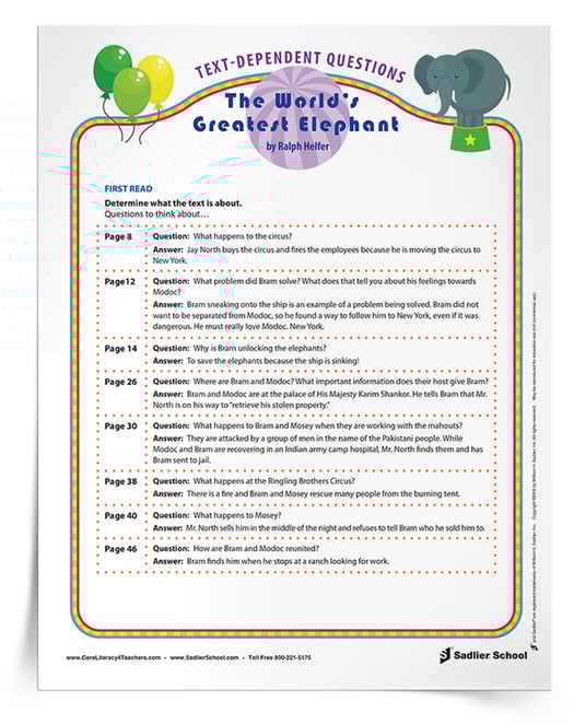 A critical component of close reading lessons are the text-dependent questions for the students to analyze what the text means at deeper levels. Text-dependent questions should be asked after each read. Download a teaching guide with text-dependent questions for The World's Greatest Elephant by Ralph Helfer. The excerpts and text-dependent questions included in this guide will engage your students in close reading and help them develop a deeper level of comprehension about the text.