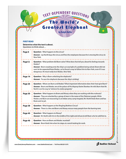 A critical component of close reading lessons are the text-dependent questions for the students to analyze what the text means at deeper levels. Text-dependent questions should be asked after each read. Download a teaching guide with text-dependent questions for The World's Greatest Elephant by Ralph Helfer. The excerpts and text-dependent questions included in this guide will engage your students in close reading and help them develop a deeper level of comprehension about the text.