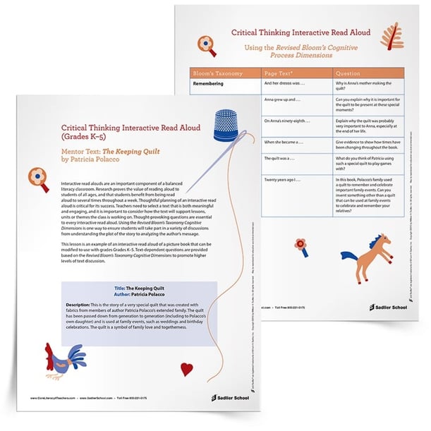 This Critical Thinking Interactive Read Aloud of The Keeping Quilt by Patricia Polacco provides the thought-provoking questions, essential to every interactive read aloud, and uses the Revised Bloom’s Taxonomy Cognitive Dimensions. Your students will soon be in deep discussions, ranging from plot analysis to author’s message exploration. 