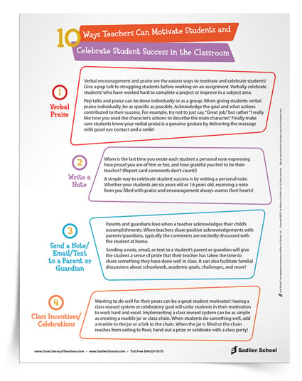 Motivating students by celebrating their achievements will lead them to greater success in school. Download a tip sheet that outlines ten ways teachers can motivate students to learn and celebrate success in the classroom!