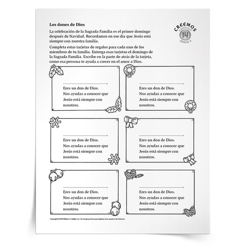 Con la Actividad Los dones de Dios, los niños reflexionarán sobre las maneras en que los miembros de su familia son regalos de Dios al completar las tarjetas de regalo para los familiares. Los niños pueden regalar las tarjetas a sus familiares. Descarga disponible en español y inglés.