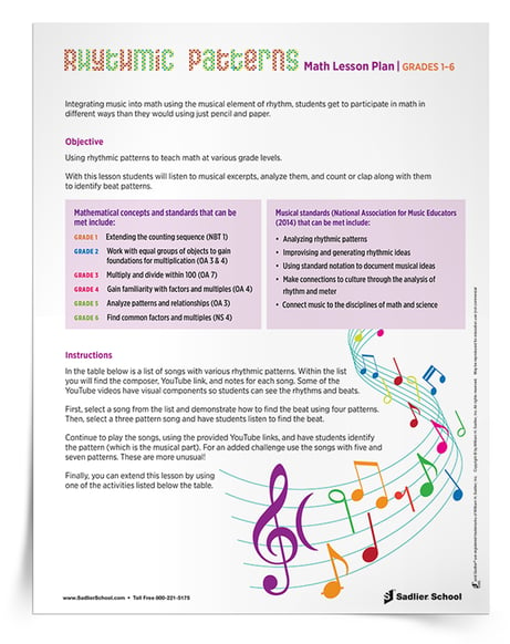 The music and math lesson plan I am providing is based on students listening to musical excerpts, analyzing them, and counting or clapping along with them to identify beat patterns. This lesson plan can be used at multiple grade levels to teach various mathematical concepts. Download the music and math lesson plans to show how to use integrate music into math and meet standards.