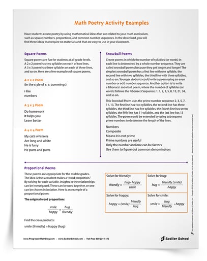 Download the Math Poetry Activity Examples Tip Sheet and make poetry a priority in the mathematics classroom this month! This resource includes ideas for square poems, proportional poems, and poems using number sequences.