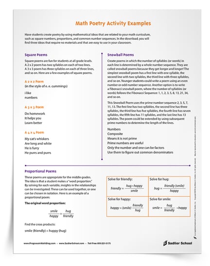 In my Math Poetry Activity Examples Tip Sheet you will find three ideas that require no materials and that are easy to use in your classroom. This printable resource will give you ideas for square poems, proportional poems, and poems using number sequences. Download it now.