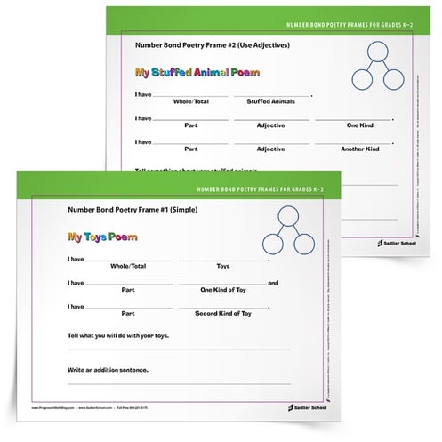 With this activity, students write a short poem using the frame then write the number bond and an addition sentence to represent their poem. The frame connects math to English Language Arts by focusing on Common Core Standard W1.2: Write informative/explanatory texts in which they name a topic, supply some facts about the topic, and provide some sense of closure.