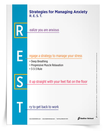 The mnemonic for managing test anxiety is R.E.S.T. is something I go over with students on a regular basis. Whether preparing my students for an exam or notice students seem anxious during a regular class period, these strategies are helpful to review! The R.E.S.T Strategies for Managing Anxiety poster is a great way to remind students of the mnemonic for test-taking strategies they can use.