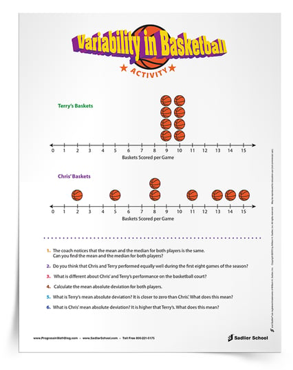 Download the Variability in Basketball Activity to use with your students or for a professional development session. It includes the above example, guiding questions, sample responses, and the calculations for the mean absolute deviation for both players.