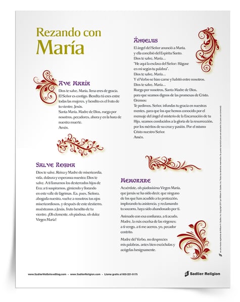Descargue la Estampa de oración Rezando con María, con las oraciones marianas más tradicionales en honor a María, Madre de Dios y la Iglesia.
