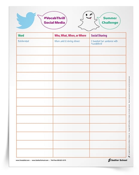 Encourage students to keep track of their vocabulary moments this summer with a Social Media Summer Challenge! With this summer vocabulary worksheet students will record the vocabulary words they spot during their break and then share them on social media. 