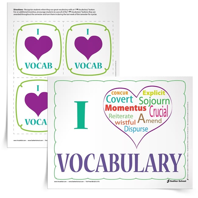 I have several great vocabulary rewards for students including the Vocabulary Superstar Certificate, the Shining Star Template, and the “I ♥ Vocabulary” Handout & Button. Each of these downloads can be printed on colored paper or cardstock and can often make a student’s day or week brighter!