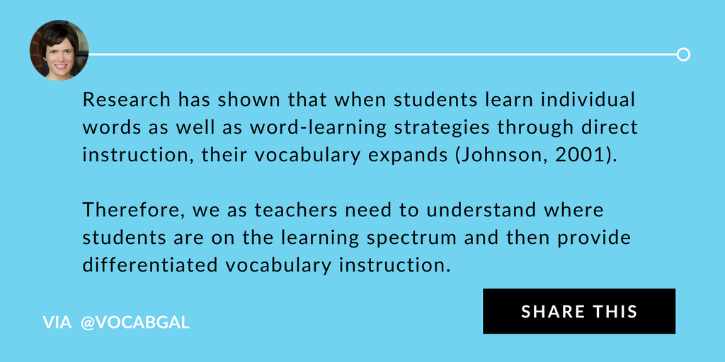 Research has shown that when students learn individual words as well as word-learning strategies through direct instruction, their vocabulary expands (Johnson, 2001). Therefore, we as teachers need to understand where students are on the learning spectrum and then provide differentiated vocabulary instruction.