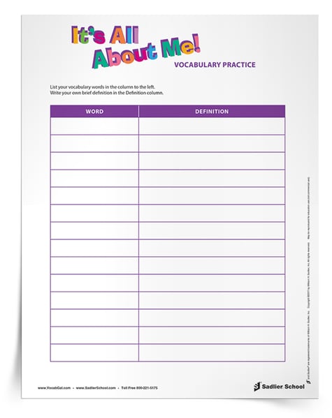 I find that students tend to be more engaged in an assignment if they are asked to answer questions about themsleves than a generic worksheet. My new It's All About Me Vocabulary Activity tasks students with answering a series of questions about themselves using vocabulary words in context. 