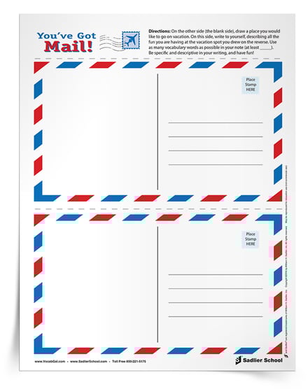 With this summer vocabulary worksheet students will decorate the front of postcards with scenes from imaginary vacations, and on the back, write about their "vacations" using as many vocabulary words as possible