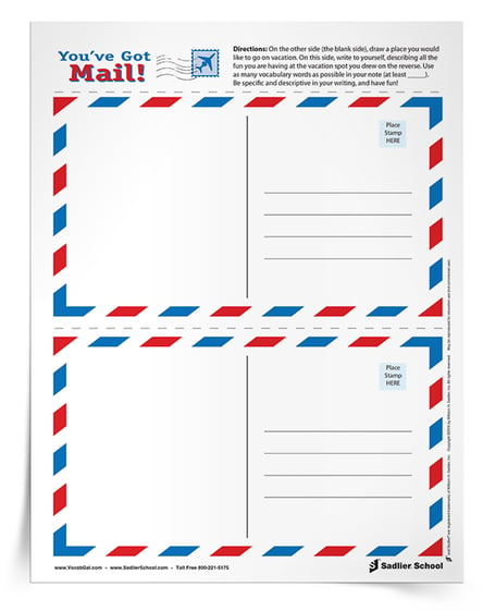 This week’s summer vocabulary worksheet download is a postcard template that you can copy onto cardstock. Students decorate the front of their postcard with a scene from an imaginary vacation, and on the back, write to themselves about their “vacation” using as many vocabulary words as possible.