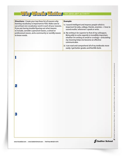  With this summer learning worksheet kids will combine writing with vocabulary. Use the Why Words Matter Vocabulary Activity to have students generate reasons why learning vocabulary words is important to them!