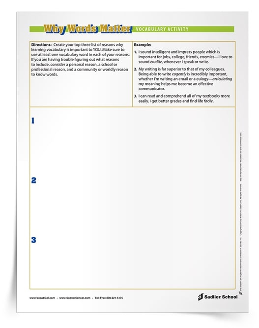 Knowing words matters to me and to my students. I have created a list of my top three reasons why vocabulary skills matter to me, and using this week’s download, your students can generate their own reasons why vocabulary knowledge matters to them.