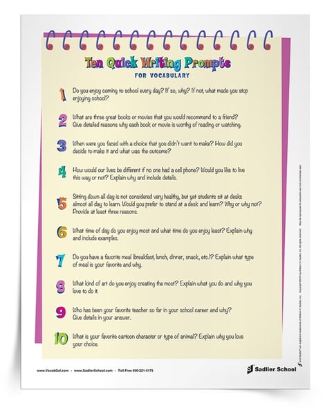 This summer, keep students writing and using vocabulary words with writing prompts! With this summer vocabulary worksheet, students will have a list of writing prompts to answer. Encourage students to incorporate at least two vocabulary words into each of their quick write responses so you can assess their word knowledge. When the writing prompts run out, have learners create their own!
