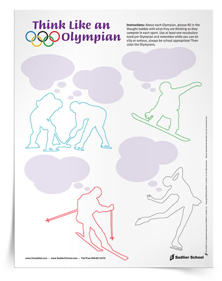 This simple Olympic vocabulary activity will get students engaged in word learning while reflecting on the hard work of Olympic athletes. TheThink Like an Olympian Activity worksheet features five Olympains with thought bubbles. Above each Olympian, students will fill in the thought bubble with what the athletes are thinking as they compete in their sport. Students can be silly or serious, but they must use at least one vocabulary word per Olympian and all descriptions mush be appropriate. After each thought bubble has been filled, students can color each of the Olympians. 