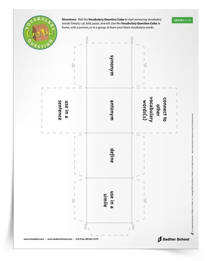 An alternate to the toss and catch Vocabulary Question Cube, is my printable cube template.  With this worksheet students can cut and paste together their own cube for playing in small groups or at home!  What I like about this template is that it allows students to make up their own versions of the Vocabulary Question Cube activity.