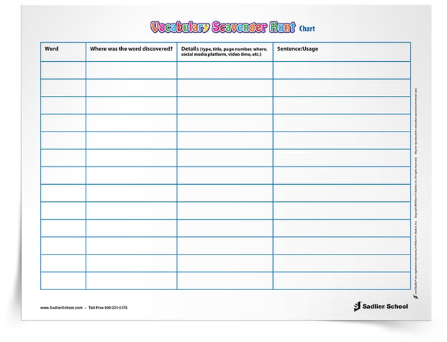 The Vocabulary Scavenger Hunt Activity challenges students to take the time to discover words by looking and listening in their everyday life, and finding them in a variety of contexts! 