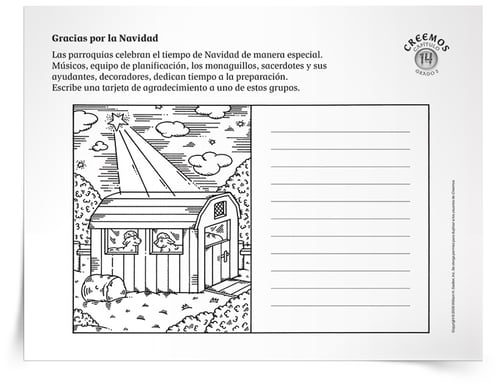 Con la Actividad Agradecimiento de Navidad, los niños decorarán y escribirán una nota para agradecer a uno de estos grupos dentro de la parroquia a fin de expresar gratitud por los preparativos de Navidad. La actividad es ideal para niños en los grados primarios.