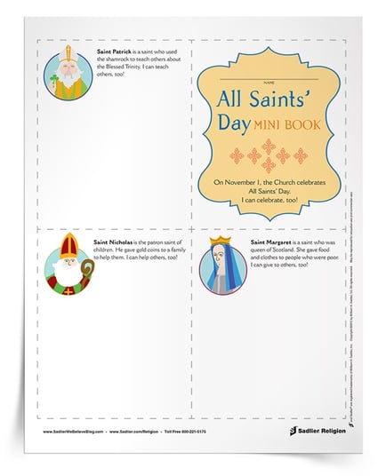 Complement your All Saints’ Day lessons and celebrations with a printable activity for primary aged students. This All Saints’ Day for Kids Mini Book can be used in the classroom or at home.