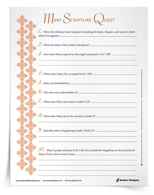 Mary Scripture Quest Bible Worksheet for Catholic Youth