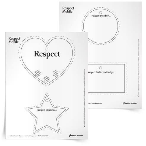 Reflect on the virtue of respect with your students! The Respect Mobile Activity invites children to illustrate ways to show respect for self, others, and creation and to assemble these ways into a single mobile.  respect-worksheets-for-kids-respect-mobile-750px