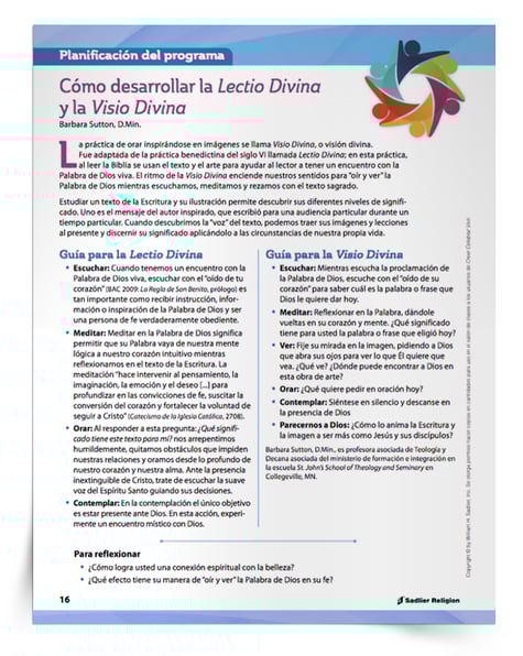 Descargue ahora el Artículo de Apoyo Cómo desarrollar la Lectio Divina y la Visio Divina para acceder a las ideas de usar la lectio divina y visio divina para jovenes en su programa de catequesis o en las sesiones de preparación sacramental.