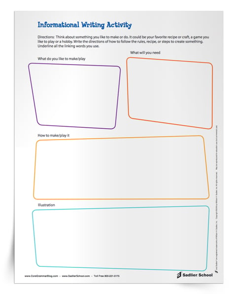 With this informative writing assignment students will write about something they like to make or do. It could be their favorite recipe or craft, a game they like to play or hobby. Using the worksheet, students will write the directions of how to follow the rules, recipe, or steps to create something. In addition to writing about something they like to make/play, students will underline all linking words and draw an illustration! 