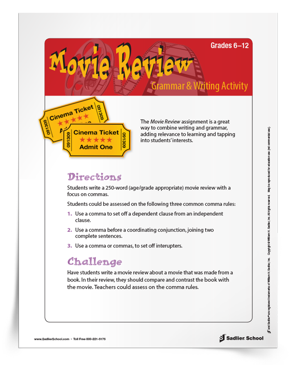 <em>Movie Review</em> Grammar & Writing Activity 