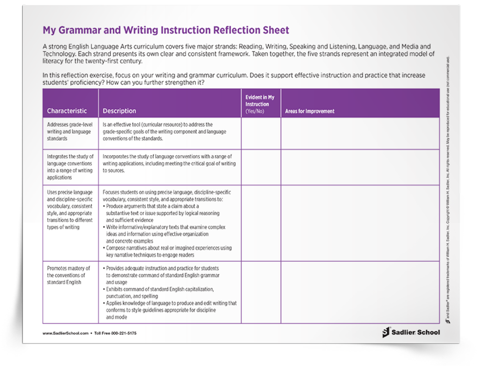 <em>My Grammar and Writing Instruction</em> Reflection Sheet