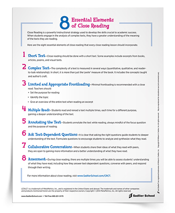 8 Essential Elements of Close Reading Tip Sheet