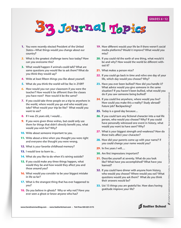 <em>Journal Writing Topics for Students</em> Worksheet
