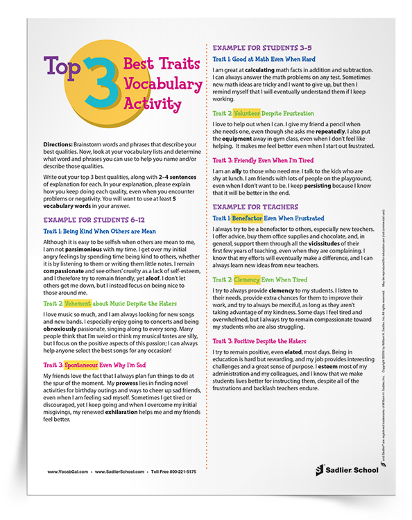 Top 3 Best Traits Vocabulary Activity, Grades 3–12