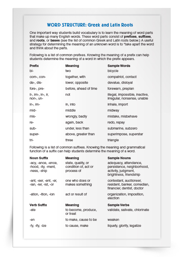 Word Structure: Greek and Latin Roots Tip Sheet